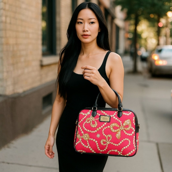 Betsey Johnson Handbags - Betsey Johnson Cosmetic Bag Pink and Black Bow Large Travel Size 11"×8.5"×3.5"